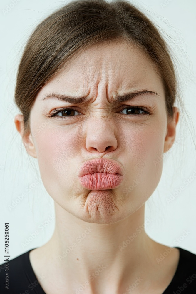 Woman's face; pouting, frowning expression. Woman's face; pouting, frowning expression.