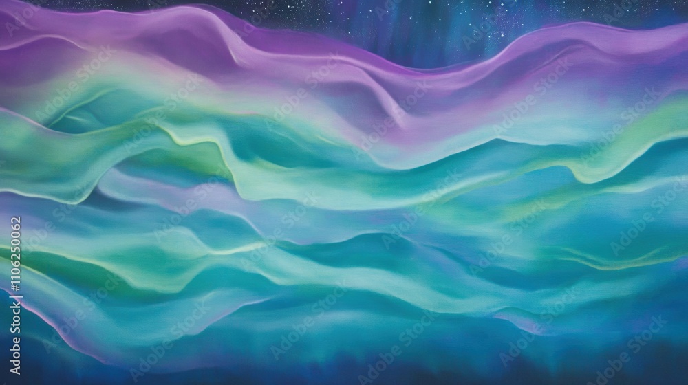 Soft, undulating waves of neon green, lavender, and blush pink ripple across a starlit sky, mimicking the gentle flow of aurora ribbons meeting the horizon in a serene celestial display Soft, undulating waves of neon green, lavender, and blush pink ripple across a starlit sky, mimicking the gentle flow of aurora ribbons meeting the horizon in a serene celestial display