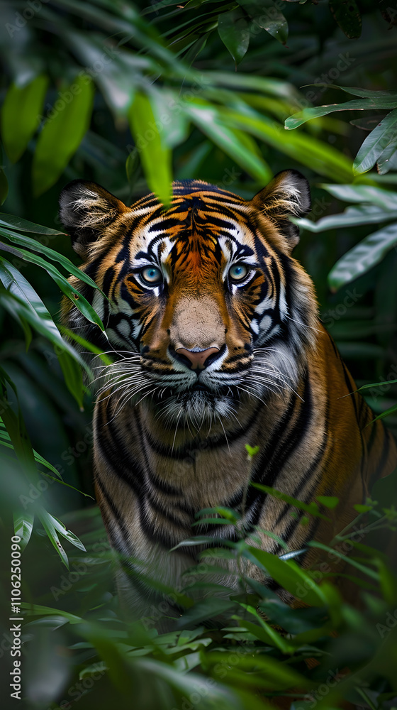 Majestic Display of a Tiger's Strength and Grace Amidst Dense Foliage Majestic Display of a Tiger's Strength and Grace Amidst Dense Foliage