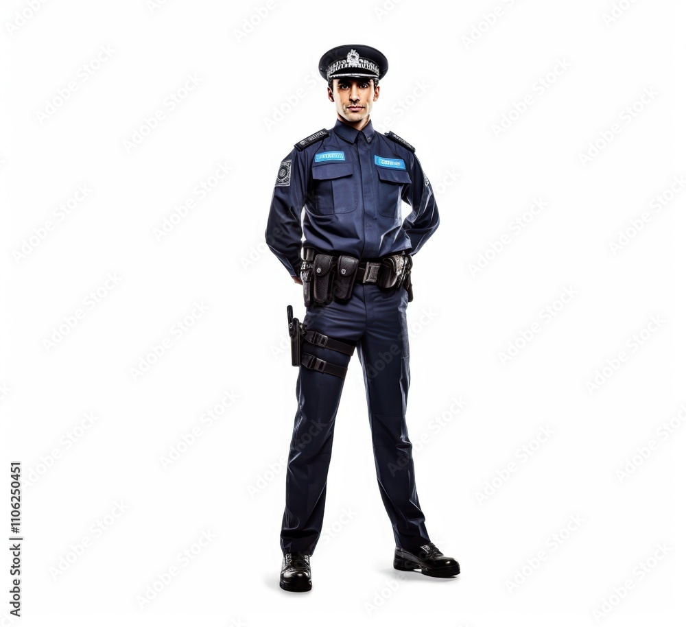 Full-body portrait of a confident male police officer in a navy-blue uniform, standing on a white background, representing law enforcement and public service. Full-body portrait of a confident male police officer in a navy-blue uniform, standing on a white background, representing law enforcement and public service.