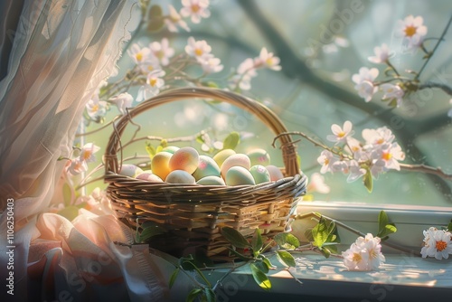 Pastel Easter Egg Basket with Spring Flowers in Sunlit Window Display photo