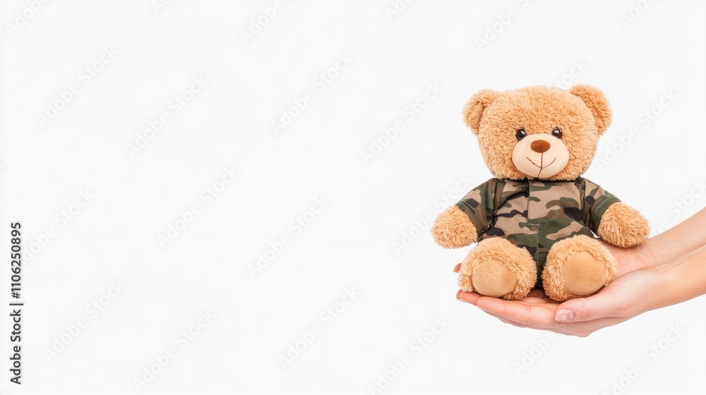 Hands gently cradling a teddy bear dressed in military camouflage against a pure white backdrop Hands gently cradling a teddy bear dressed in military camouflage against a pure white backdrop