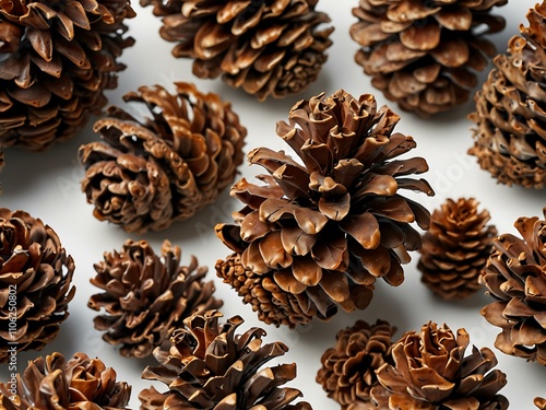 Holiday pine cones isolated against a white background for seasonal decor. photo