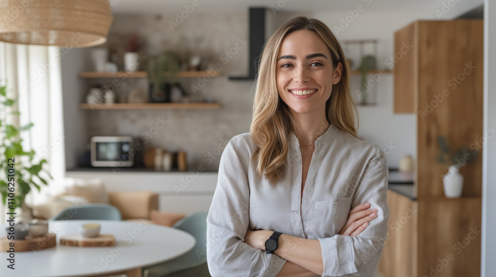 Smiling woman standing in cozy modern kitchen interior Smiling woman standing in cozy modern kitchen interior