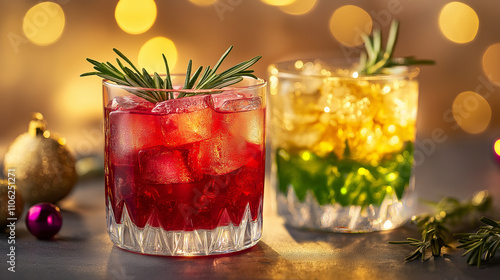 Two refreshing cocktails in clear glasses, one red and one green, garnished with rosemary, set against a blurred golden background