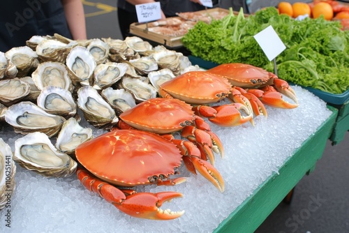 Fresh seafood market stall displaying crabs, oysters, and lettuce in a sunny outdoor setting photo