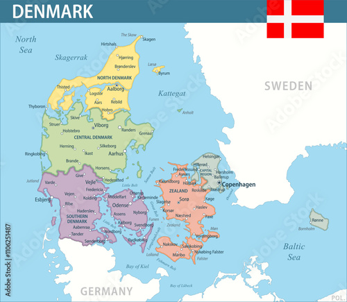 Denmark Map Vector New 2024 Colorful - Customizable layered political map of Denmark with administrative divisions for website, education, reports, news, politics, print, poster and wallpaper