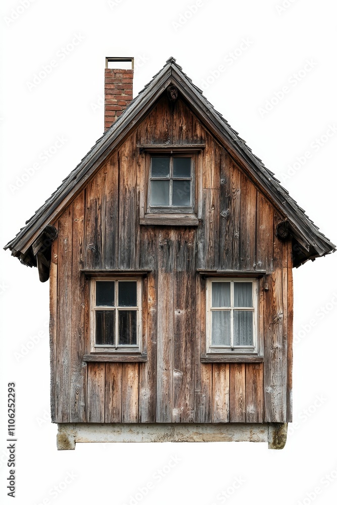 Aged wooden house, three windows, brick chimney. Aged wooden house, three windows, brick chimney.