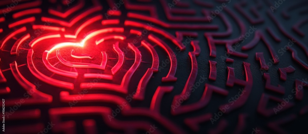 intricate labyrinth shaped like a heart, vibrant red paths with a white outline intricate labyrinth shaped like a heart, vibrant red paths with a white outline