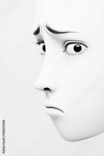 Sad, white face, profile view, digital art.