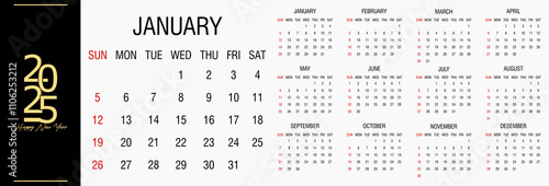 Calendar 2025, week start on Sunday, corporate design template vector. Cover calendar 2025. Wall calendar in a minimalist style.