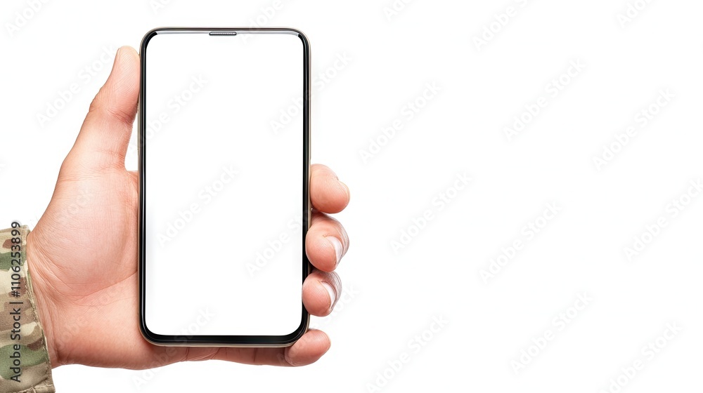 Soldier's hand holds smartphone with blank screen, symbolizing connectivity in modern military operations Soldier's hand holds smartphone with blank screen, symbolizing connectivity in modern military operations
