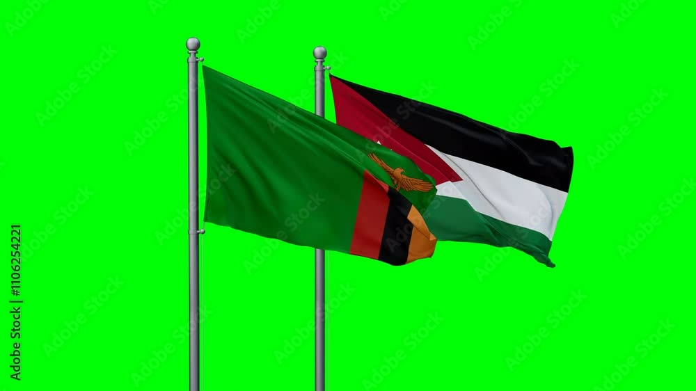 Jordan and Zambia flags flying together, video concept of the relationship with colored chroma key for easy background remove Jordan and Zambia flags flying together, video concept of the relationship with colored chroma key for easy background remove