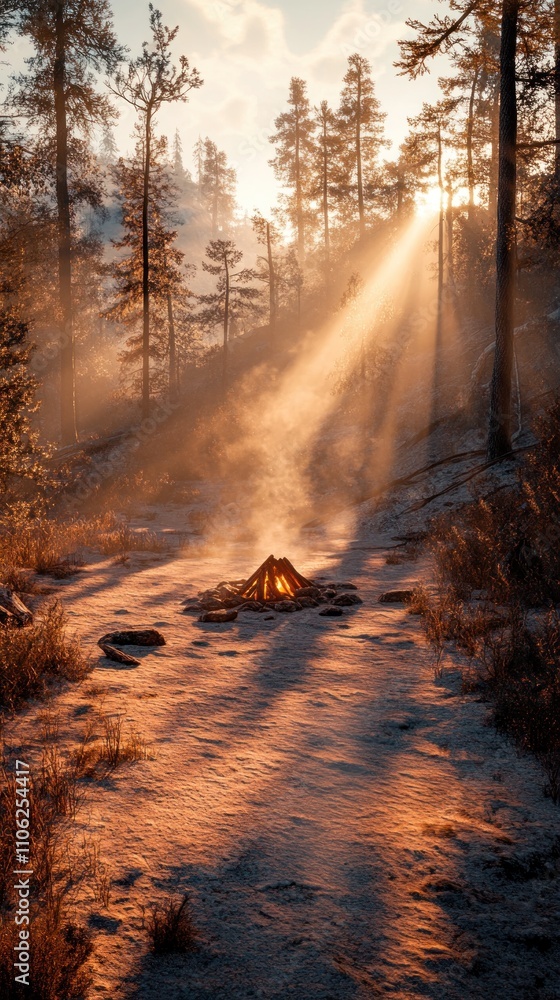 A serene forest scene with a campfire illuminated by sunlight filtering through trees. A serene forest scene with a campfire illuminated by sunlight filtering through trees.