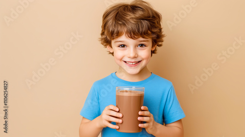 Joyful child enjoying a glass of chocolate milk while smiling against a soft beige backdrop in a bright and cheerful atmosphere