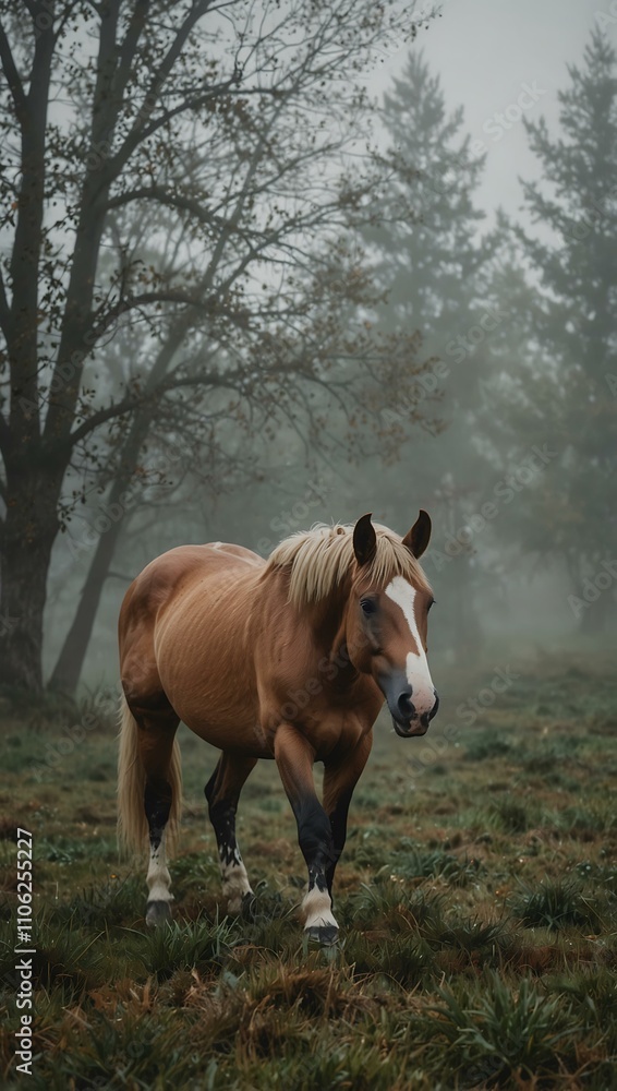 Horse in foggy surroundings.