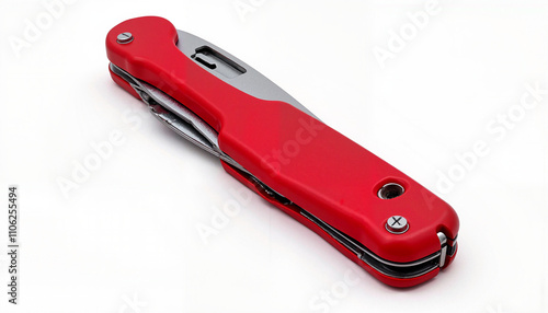 Isolated item on white background in the form of a red folding pocket knife 