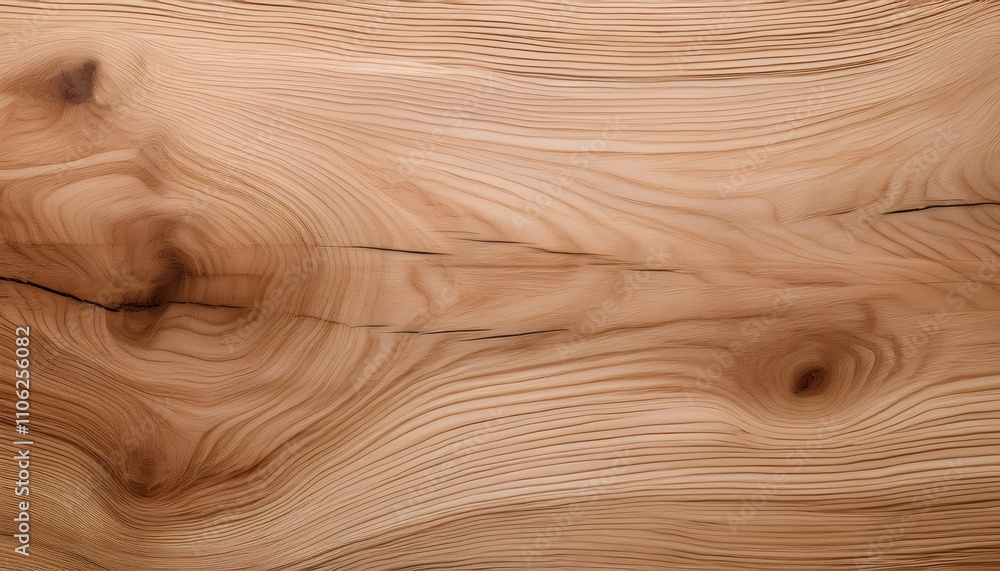Fototapeta premium Beautiful grain pattern, knots, and cracks on a light brown wood plank surface, evoking a natural and rustic charm