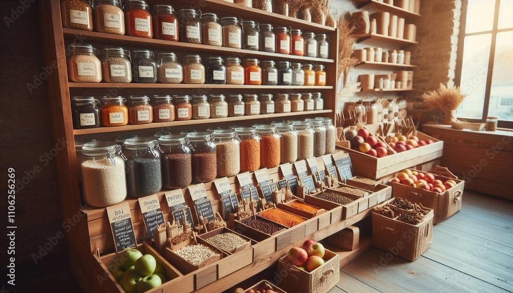 Eco-Friendly Zero-Waste Shop Display with Bulk Sustainable Products Eco-Friendly Zero-Waste Shop Display with Bulk Sustainable Products