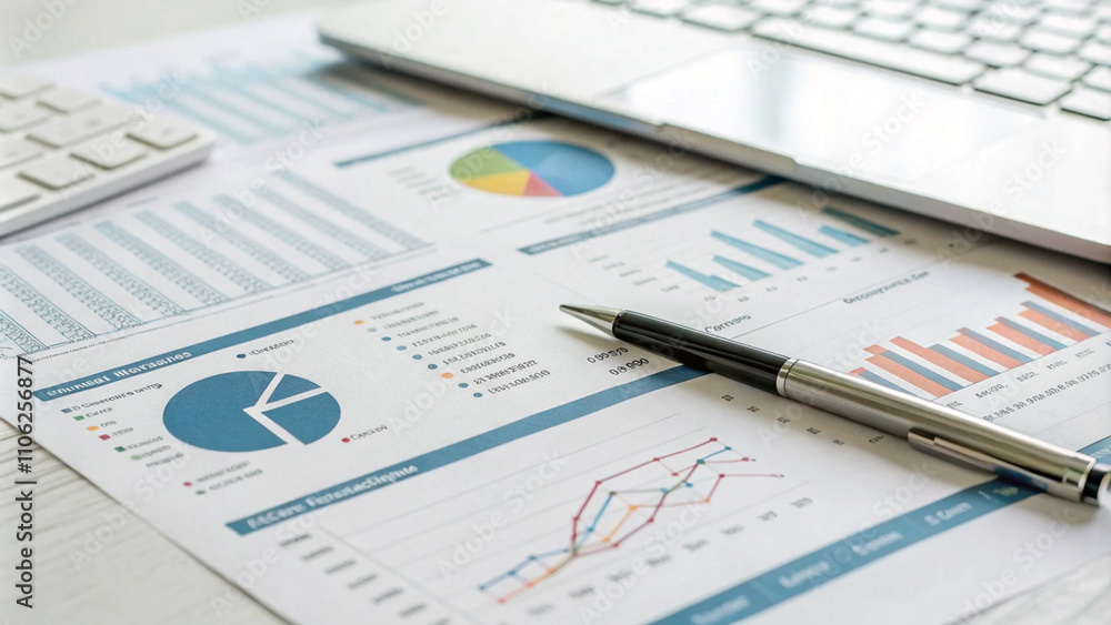 Data analysis and reporting tools on a work desk with charts and graphs in a bright office environment Data analysis and reporting tools on a work desk with charts and graphs in a bright office environment