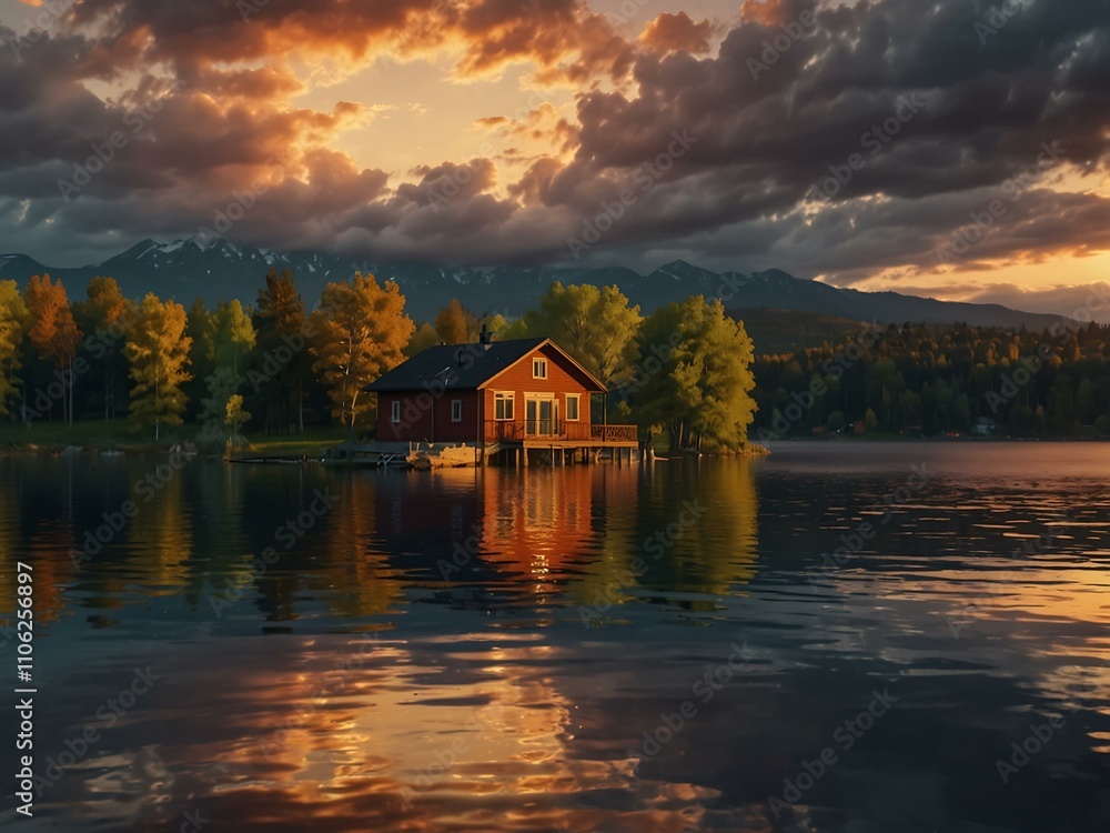 Obraz premium House by the lake at sunset; seamless 4K time-lapse animation.