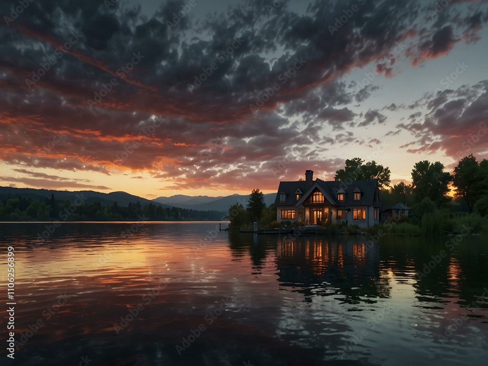 House by the lake at sunset; seamless 4K time-lapse animation. House by the lake at sunset; seamless 4K time-lapse animation.