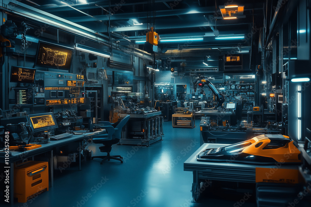 Fototapeta premium Futuristic engineering workshop filled with advanced technology and innovation