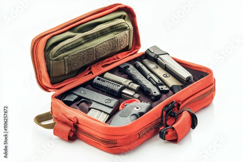 Orange case holds various tools, small firearm. photo