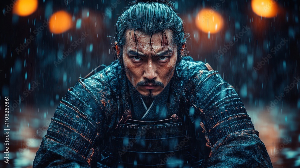 Obraz premium Intense samurai warrior in rain.