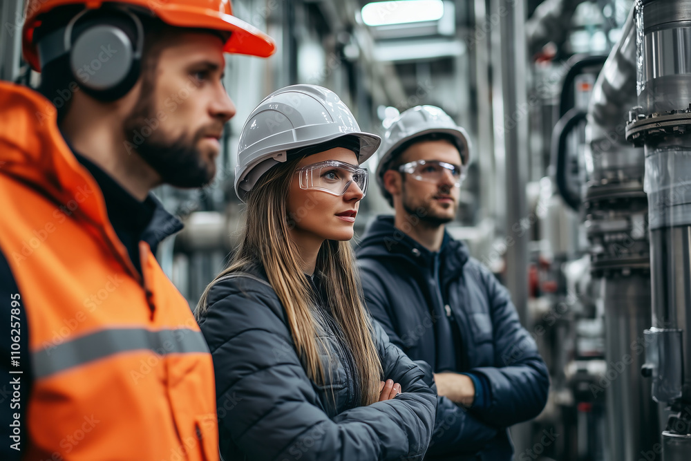 Engineers working together on a challenging project in an industrial setting Engineers working together on a challenging project in an industrial setting