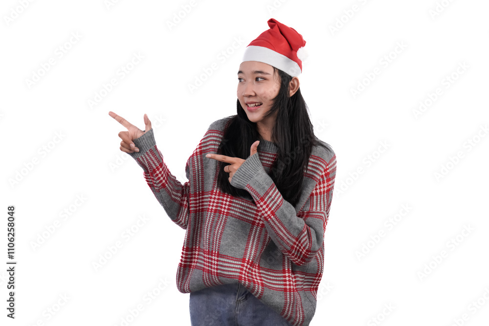 Asian women are happily celebrating Christmas and New Year wearing red checkered clothes and other color combinations. Asian women are happily celebrating Christmas and New Year wearing red checkered clothes and other color combinations.