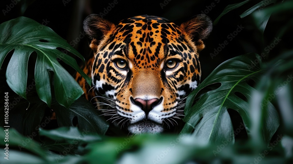 Jaguar peering through lush foliage. Jaguar peering through lush foliage.