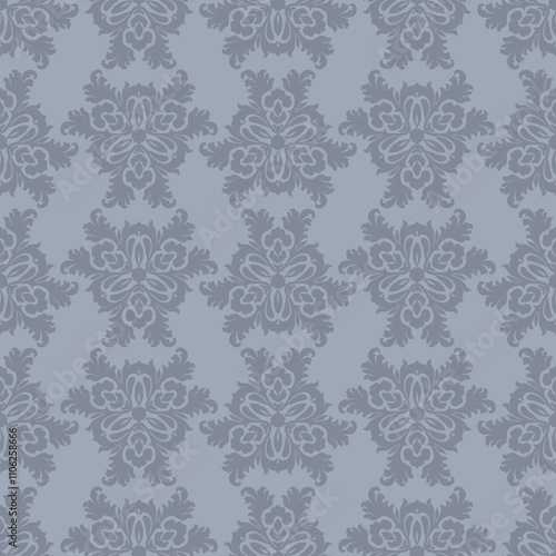 Elegant abstract vector background with curly shapes, swirls, floral elements. Luxury vintage seamless pattern. Ornament texture in damask, baroque, rococo style. Blue gray tones. Repeated design