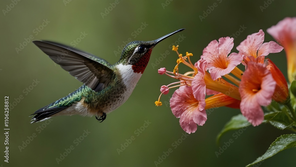 Naklejka premium Hummingbird feeding on a flower.
