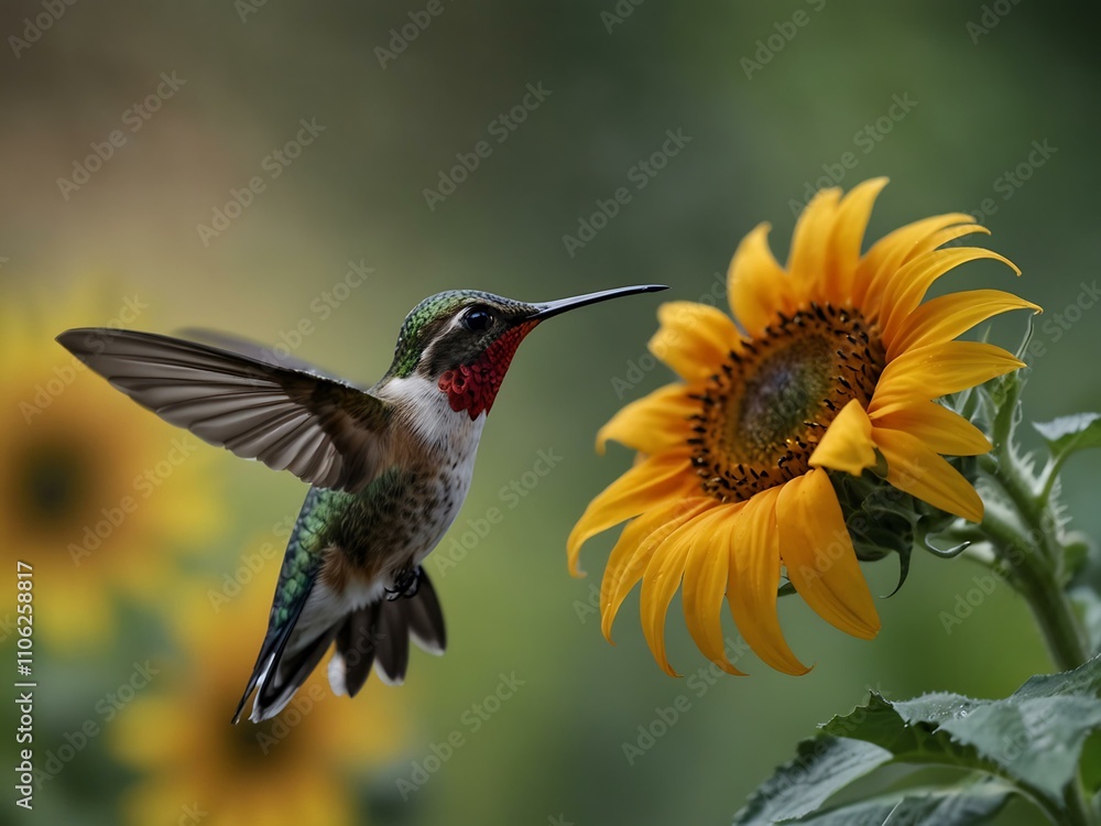 Naklejka premium Hummingbird flying in front of a sunflower.