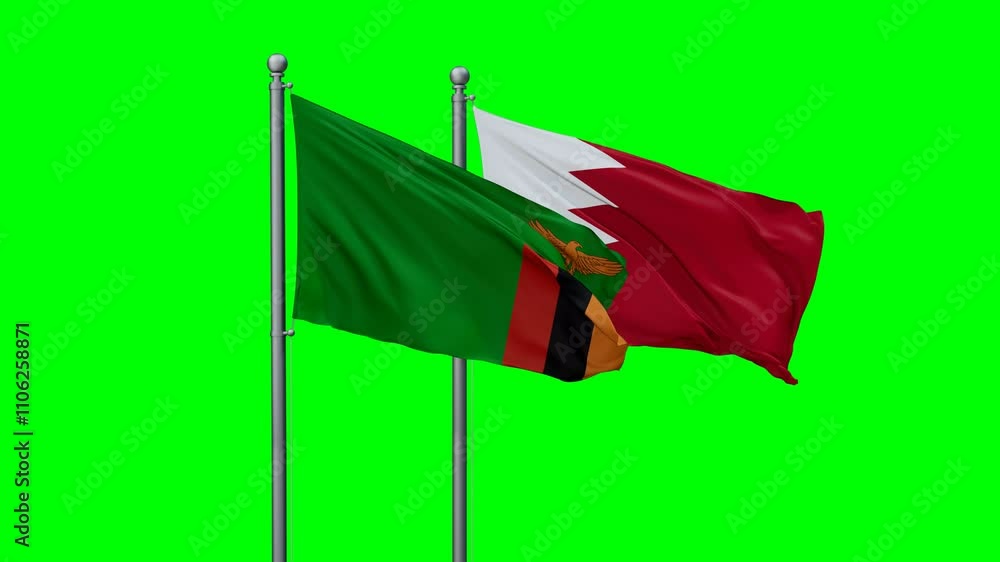 Bahrain and Zambia flags flying together, video concept of the relationship with colored chroma key for easy background remove Bahrain and Zambia flags flying together, video concept of the relationship with colored chroma key for easy background remove