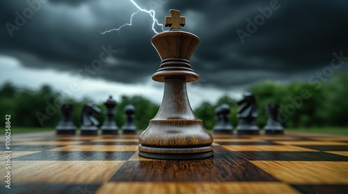 King chess piece on board, stormy sky. photo