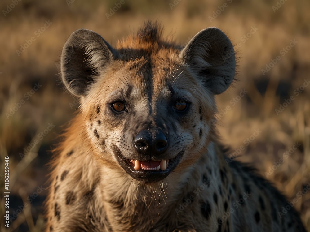 Hyena smiling with a scar over its eye. Hyena smiling with a scar over its eye.
