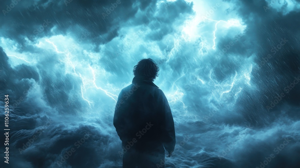 Obraz premium A lone figure stands facing a stormy sky
