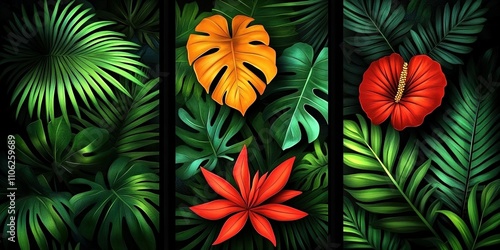 Colorful tropical leaves and flowers create a vibrant jungle design filled with diverse plant life