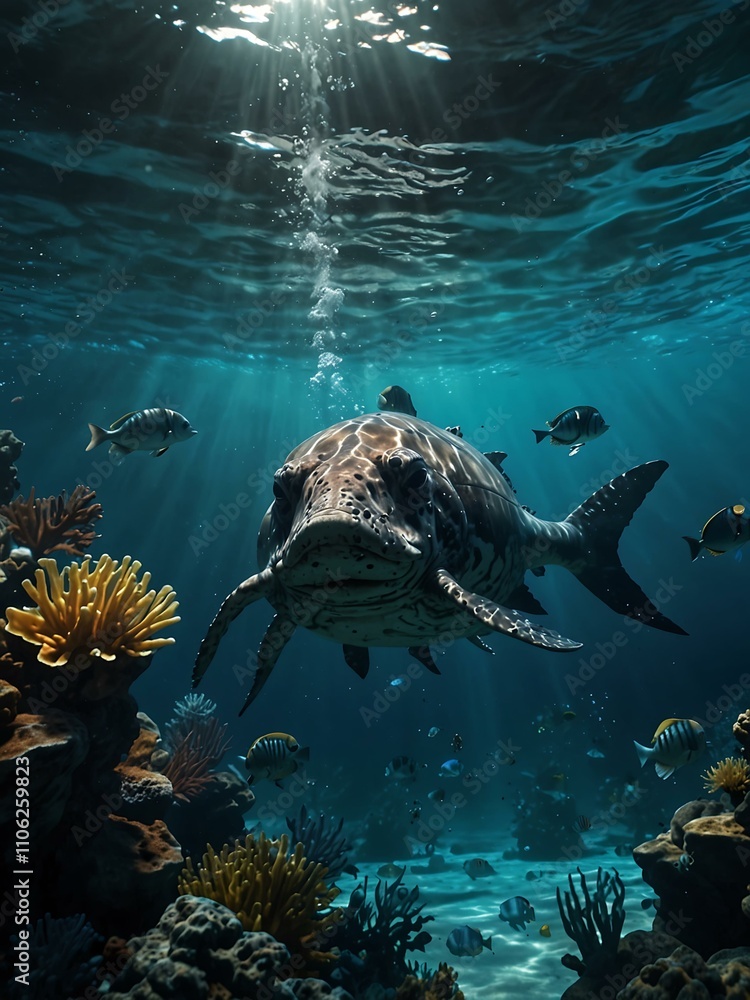 Fototapeta premium Hyper-realistic underwater adventure scene.