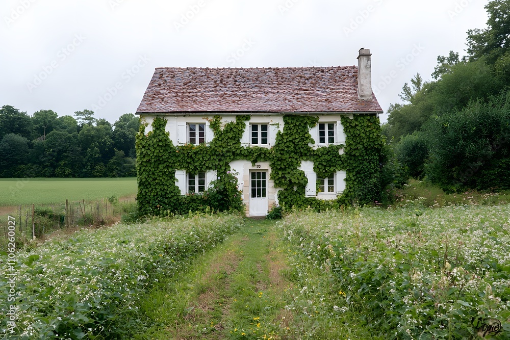 Charming French House with Traditional Architecture, Featuring Stone Walls, Shuttered Windows, and a Picturesque Garden in a Countryside Setting Charming French House with Traditional Architecture, Featuring Stone Walls, Shuttered Windows, and a Picturesque Garden in a Countryside Setting