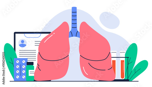 Pulmonology concept. Human lungs organ with medical equipment. Medical checkup at hospital. Respiratory system healthcare treatment. Isolated vector illustration in cartoon style