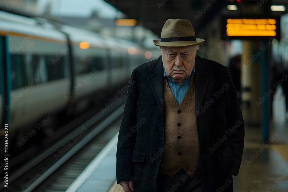 Old man walking along the rails of an Irish train track, surrounded by lush green landscapes, evoking a sense of nostalgia, solitude, and connection to nature Old man walking along the rails of an Irish train track, surrounded by lush green landscapes, evoking a sense of nostalgia, solitude, and connection to nature