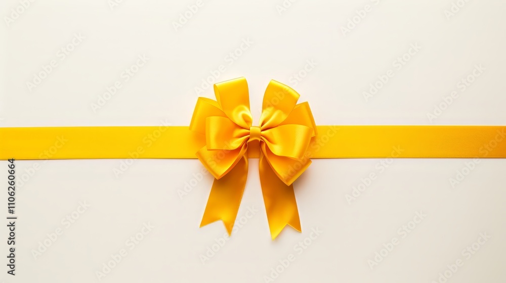a single gift-wrapping bow, vibrant yellow satin-like texture with perfectly symmetrical loops, centered on a bright white background a single gift-wrapping bow, vibrant yellow satin-like texture with perfectly symmetrical loops, centered on a bright white background