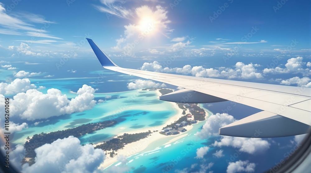 View from an airplane window over tropical islands View from an airplane window over tropical islands