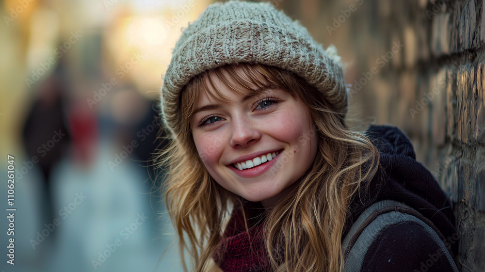 Smiling woman wearing a knit hat with a blurred urban background. Cozy style, cheerful expression, seasonal tones Smiling woman wearing a knit hat with a blurred urban background. Cozy style, cheerful expression, seasonal tones