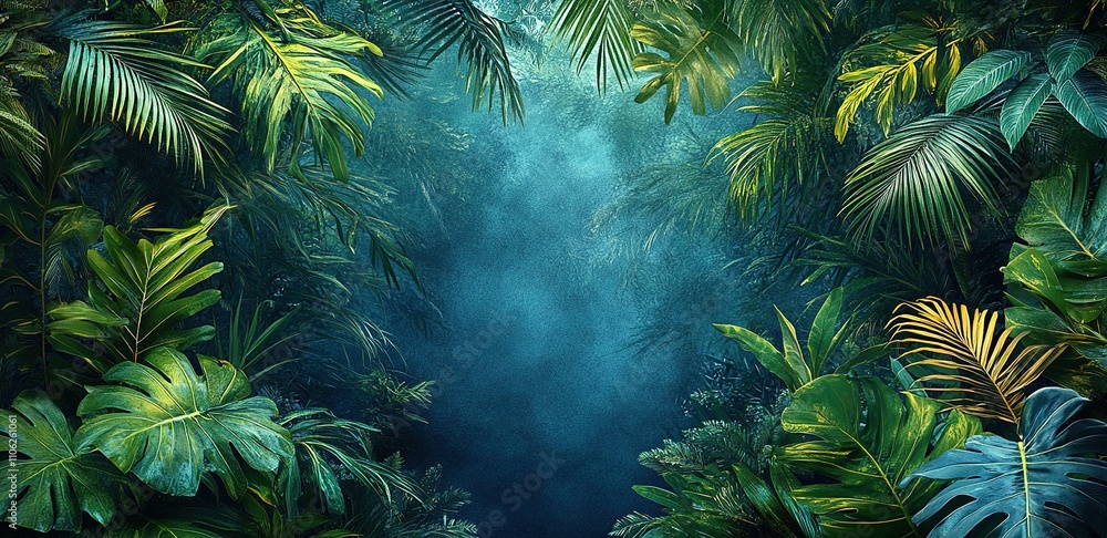 Lush tropical foliage creates a serene and mysterious atmosphere in a dense jungle at dusk Lush tropical foliage creates a serene and mysterious atmosphere in a dense jungle at dusk