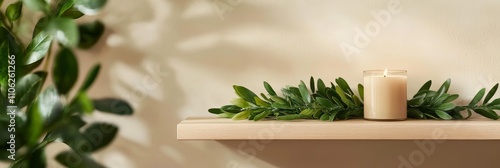 Serene Candle and Greenery on Wooden Shelf - Calm, minimalist scene featuring a lit candle, green foliage, and a light wood shelf.  Evokes peace, tranquility, and natural beauty.  Perfect for spa, wel photo