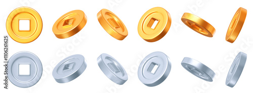 3d set of Ancient old gold and silver coins of China, with square hole. Design element for Chinese New Year. Stock vector illustration on isolated background.
